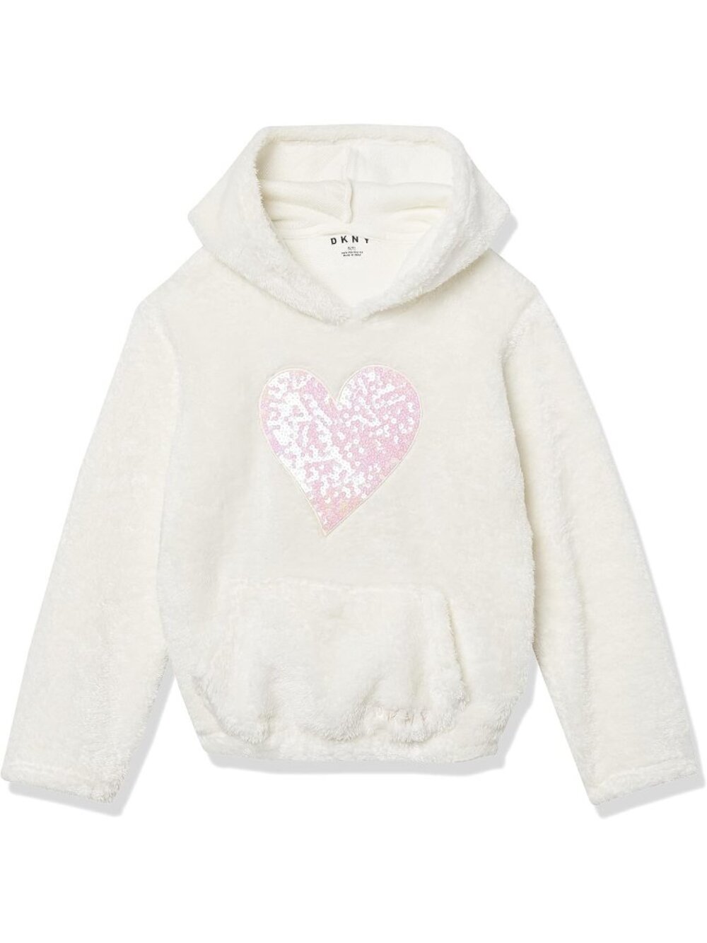 DKNY Girls White Fuzzy Fleece Flip Sequined Heart Hooded Sweater Sweatshirt 6